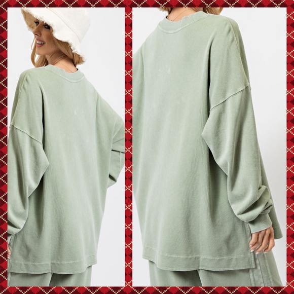 EASEL "So Comfy" Mineral Washed Tunic Top in Sage Statement Side Slits Crew Neck - Picture 4 of 14